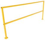 The Vestil Square Safety Handrail No Toeboard 96 is a yellow metal safety railing featuring dual horizontal bars, vertical supports, and flat base plates for stability. Ideal for industrial or construction use, its freestanding design ensures reliability.
