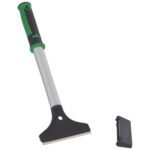 The MH-USA 4 Hand Held Floor Scraper with 12 handle boasts a black design with stylish green accents. It features a sturdy metal shaft connecting to the black blade with a sleek silver edge and includes a removable protective cover on the right.