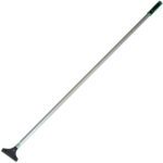 The MH-USA 4 Light-Duty Floor Scraper with a long 48 handle includes a metal blade and black grip, ideal for removing adhesives and tiles. Its silver handle is accented with green near the grip for added style.