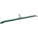 The MH-USA 36 Curved Rubber Floor Squeegee offers a long green design with a black rubber blade and metal handle connector, ideal for surface cleaning. It features rivets along the blade for improved durability.