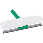 The MH-USA 14 Combo Tool Window Washer has a green textured grip handle and features a squeegee on one side and a fluffy white cleaning pad on the other for effective window care.