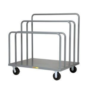 The Little Giant Mobile Sheet Rack is a gray panel cart featuring four vertical bars and swiveling wheels, perfect for transporting large flat items like panels or boards. Its expertly designed for seamless mobility against a white background.