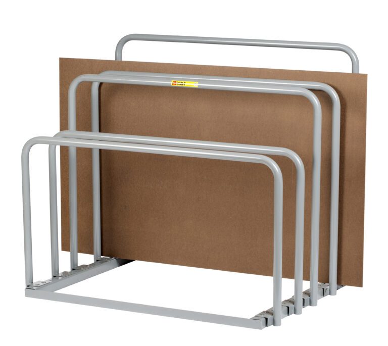 Four varying-height metal frames, positioned side by side, form the Little Giant Vertical Sheet Rack. They elegantly support a large brown rectangular sheet at the back, with light gray frames that complement the wood-like appearance of the panel.