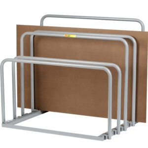 Four varying-height metal frames, positioned side by side, form the Little Giant Vertical Sheet Rack. They elegantly support a large brown rectangular sheet at the back, with light gray frames that complement the wood-like appearance of the panel.