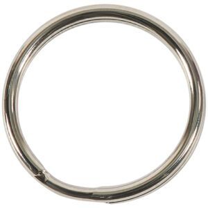 The image displays an MH-USA 1 1/8 Chrome Split Key Ring against a white background. Sold in cases of 100, this circular ring is designed for securely holding keys together.