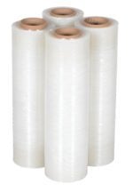 Four rolls of clear plastic wrap, similar to Vestil Film For Hand Held Wrapper 1500 Ft, stand upright against a white background. Each is shiny and tightly wound around sturdy brown cardboard cores.