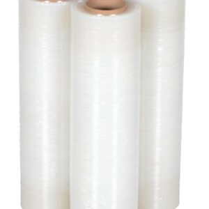 Four rolls of clear plastic wrap, similar to Vestil Film For Hand Held Wrapper 1500 Ft, stand upright against a white background. Each is shiny and tightly wound around sturdy brown cardboard cores.