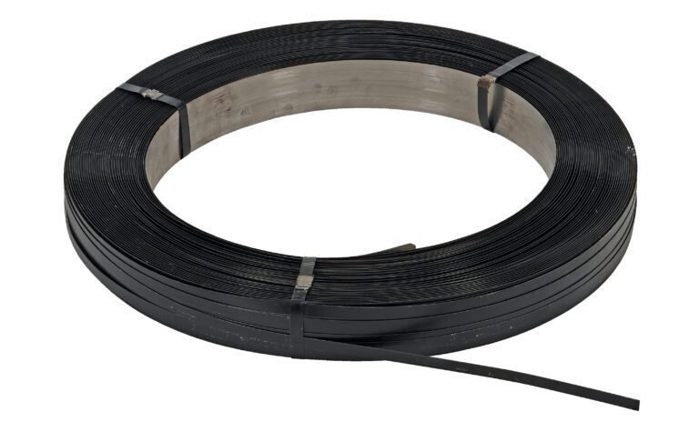 A tightly wound Vestil Steel Strapping 1/2 In coil, secured with metal clips, gleams on a white background with its shiny black surface and loose end extending outward.