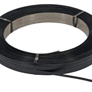 A tightly wound Vestil Steel Strapping 1/2 In coil, secured with metal clips, gleams on a white background with its shiny black surface and loose end extending outward.