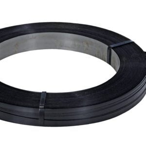 A tightly wound coil of Vestil Steel Strapping 3/4 In is secured with two black tape pieces, with a loose end extending, placed on a plain white surface.