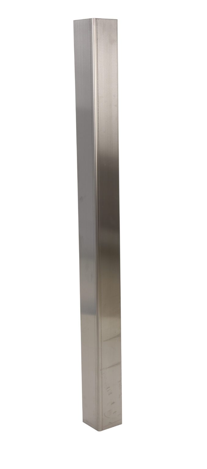 SS-48_A.jpg An upright, tall aluminum post with a smooth, reflective surface stands against a white background. Its slightly rounded edges evoke the Vestil Stainless Steel Square Corner Guard 48In, enhancing its sleek and metallic finish.