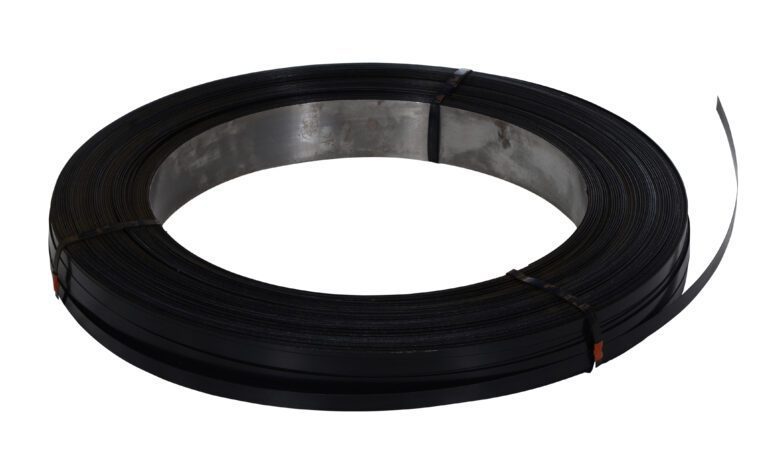 SS-58-HS_A.jpg A large coil of Vestil Steel Strapping 5/8 In is neatly wound and secured with metal bands, with one end extending outward to display its thickness and texture against a plain white background.