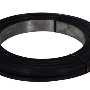 A large coil of Vestil Steel Strapping 5/8 In is neatly wound and secured with metal bands, with one end extending outward to display its thickness and texture against a plain white background.