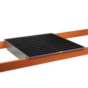 The black Little Giant Rack Decking with Spill Control Sump, elegantly displayed on two orange beams, is a metal mesh pallet support designed to seamlessly fit into shelving systems for enhanced stability and spill control.
