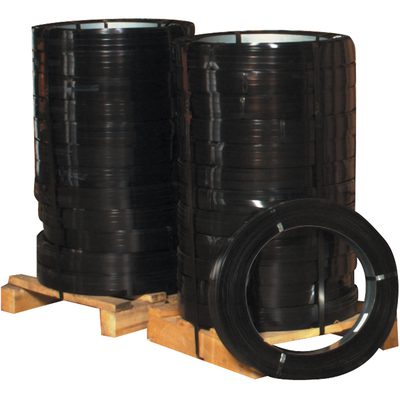 SS114025HT.jpg Two large stacks of MH-USA 1 1/4 x .025 Gauge x 940 High-Tensile Steel Strapping coils (100 lbs each) rest on wooden pallets, with a single coil leaning against the right stack. Glossy and black, these uniformly wound coils are set against a plain, light-colored background.