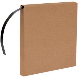 A brown cardboard box, closed and flat with a minimalistic design, has a black ribbon handle at the top left corner. Its perfect for storing items such as MH-USA 1/2 x .020 Gauge x 300 Regular Duty Steel Strapping.