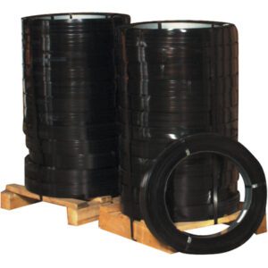 Two large stacks of MH-USA 5/8 x .020 Gauge x 2,360 High-Tensile Steel Strapping (100Lbs/Coil) are on wooden pallets, with one coil leaning in front. The tightly wound coils create a striking scene against a plain background.