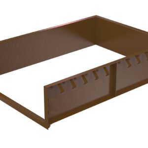 The Vestil Steel Shell 6X10 Pour In Place is a brown rectangular metal frame featuring vertical slats on one side. Its possibly part of a larger assembly and is designed for pour-in-place setups. Pictured at an angle against a white background.