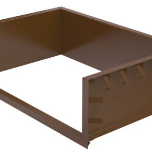 The Vestil Steel Shell 6X5 Pour In Place is an L-shaped, steel structure with a brown finish, featuring three vertical panels and one panel with rectangular cutouts, resembling a partially enclosed open-topped box frame.