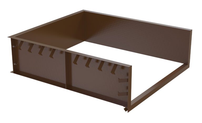The Vestil Steel Shell 6X8 Pour In Place features a brown, rectangular metal frame with serrated edges on two sides and triangular cutouts, forming a unique three-sided open structure for seamless integration when poured in place.