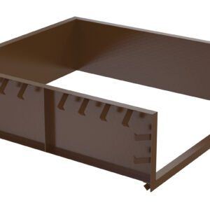 The Vestil Steel Shell 6X8 Pour In Place features a brown, rectangular metal frame with serrated edges on two sides and triangular cutouts, forming a unique three-sided open structure for seamless integration when poured in place.