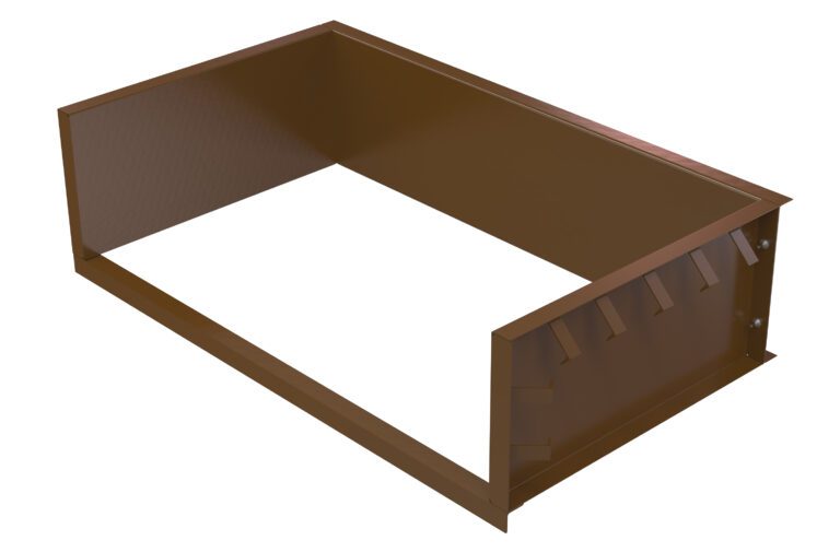 The Vestil Steel Shell 7X5 Pour In Place is a brown, rectangular steel duct with open sides and visible interior ribs, designed for seamless HVAC integration and offering durable, reliable performance.