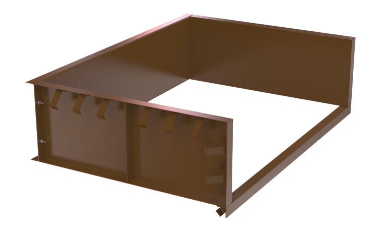 SS76_A.jpg A 3D rendering of a brown metal framework with an open, rectangular shape resembles the Vestil Steel Shell 7X6 Pour In Place. It includes flat panels, rivets, and small protruding tabs on one side, likely intended for modular assembly or construction applications.
