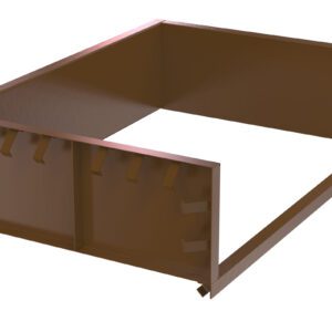 A 3D rendering of a brown metal framework with an open, rectangular shape resembles the Vestil Steel Shell 7X6 Pour In Place. It includes flat panels, rivets, and small protruding tabs on one side, likely intended for modular assembly or construction applications.