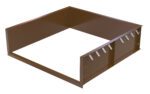 The Vestil Steel Shell 7X8 Pour In Place is a square, brown metal structure with three solid sides and an open top and bottom, featuring triangular cutouts on the back near the top edge.