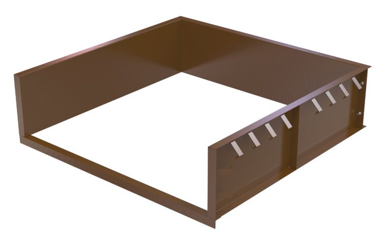 The Vestil Steel Shell 7X8 Pour In Place is a square, brown metal structure with three solid sides and an open top and bottom, featuring triangular cutouts on the back near the top edge.