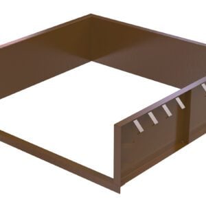 The Vestil Steel Shell 7X8 Pour In Place is a square, brown metal structure with three solid sides and an open top and bottom, featuring triangular cutouts on the back near the top edge.
