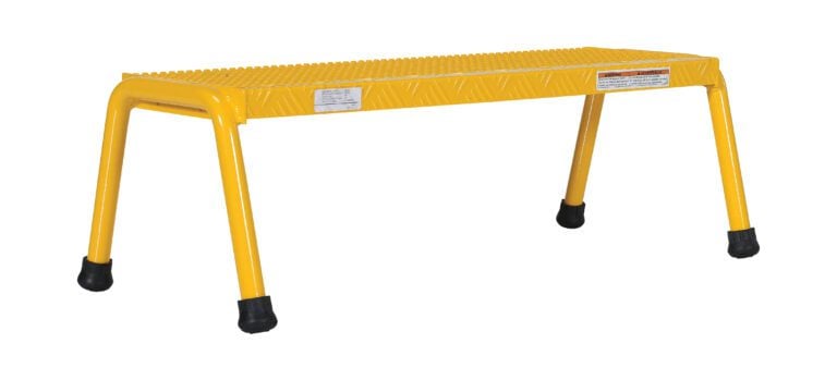 SSA-1W-Y_A.jpg The yellow Vestil Alum Step Stand features four black-capped legs for better grip and stability and a textured surface for slip resistance, making it a practical and sturdy choice for any task.