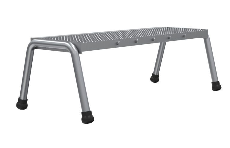 The Vestil Aluminum Step Stand - 1 Step Wide Welded is a lightweight, portable aluminum footstool with a perforated top surface and four angled legs featuring black rubber caps for stability and grip.