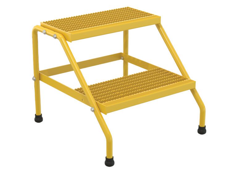 The Vestil Alum Step Stand- 2 Step Knkdwn Yellow features black rubber feet and textured anti-slip steps, supported by a durable metal frame for safe access to elevated areas.