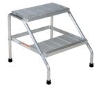 The Vestil Aluminum Step Stand - 2 Step Knock-Down is a two-step ladder with a silver finish and textured, grip-friendly steps. It features four rubber-capped legs for stability and angled supports for reinforcement.