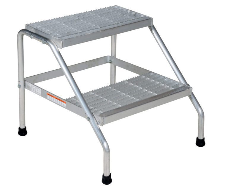 SSA-2-KD_A.jpg The Vestil Aluminum Step Stand - 2 Step Knock-Down is a two-step ladder with a silver finish and textured, grip-friendly steps. It features four rubber-capped legs for stability and angled supports for reinforcement.