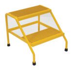 The Vestil Alum Step Stand - 2 Step Welded Yellow is a compact two-step ladder with ribbed, non-slip treads and a sturdy metal frame. It includes rubber-capped feet for stability, offering a practical design perfect for reaching high shelves or cabinets indoors.