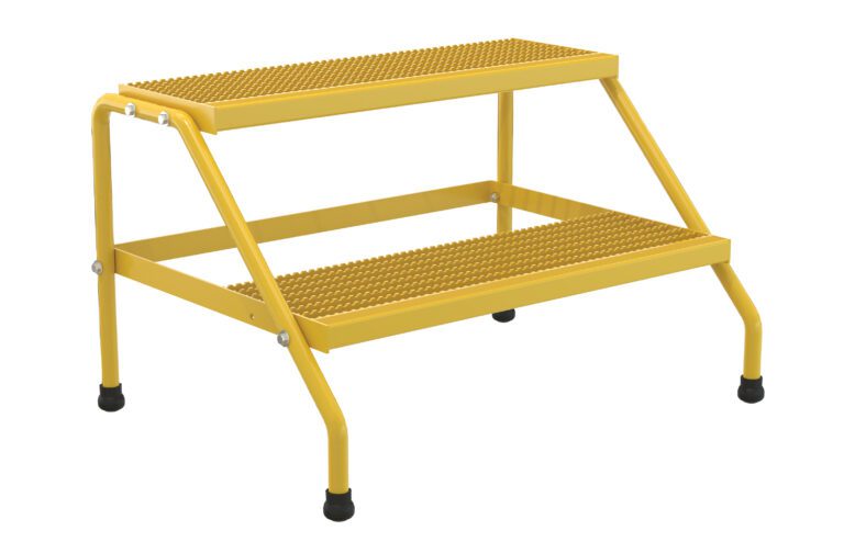 SSA-2W-KD-Y_A.jpg The yellow Vestil Alum Step Stand-2 Step Wide Knkdwn Yell features a textured surface and four black rubber feet for stability. Its metal frame provides sturdy support, making it ideal for confidently reaching higher areas.
