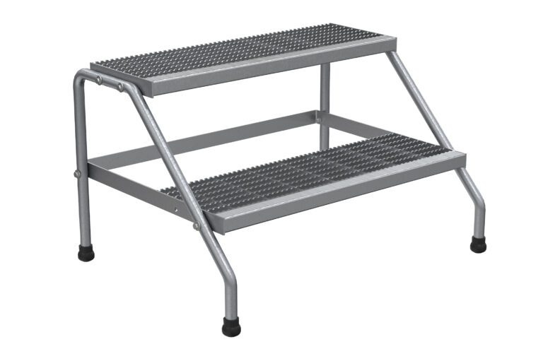 The Vestil Aluminum Wide 2-Step Stand - Knock Down is a metal ladder featuring grooved, nonslip treads and a sturdy frame for enhanced stability. Rubber-capped legs provide extra protection, while its easy assembly ensures convenience and reliability.