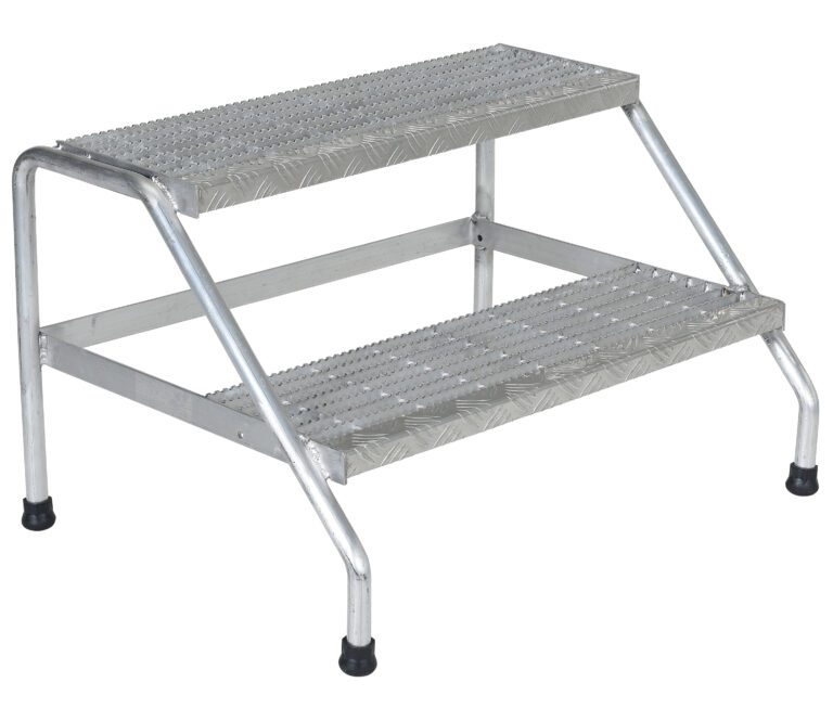 The Vestil Aluminum Step Stand - 2 Step Wide Welded ensures safety with its simple frame, rubber-tipped legs, and textured, slip-resistant steps for secure climbing.