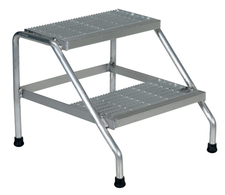 The Vestil Aluminum Step Stand Welded 2 Step stool features a sturdy, compact design with rubber non-slip feet and textured steps for excellent grip, ensuring safe access to higher areas.