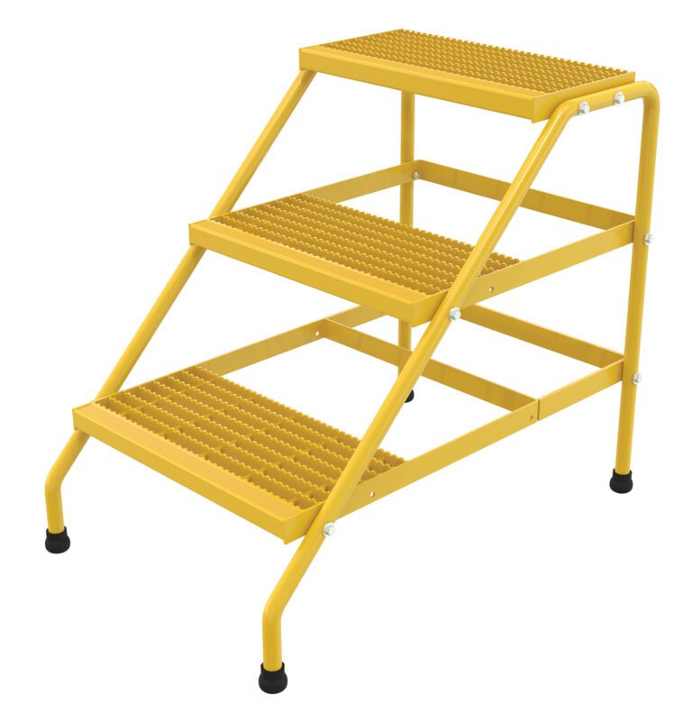 The Vestil Alum Step Stand features textured, non-slip steps and four rubber-capped feet for stability, with a slight incline for easy climbing indoors or outdoors.