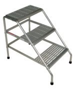 The Vestil Aluminum Step Stand Knock Down 3-Step includes a metal frame with three perforated steps and rubberized feet, offering stability. Its lightweight yet durable and versatile for indoor or outdoor use.
