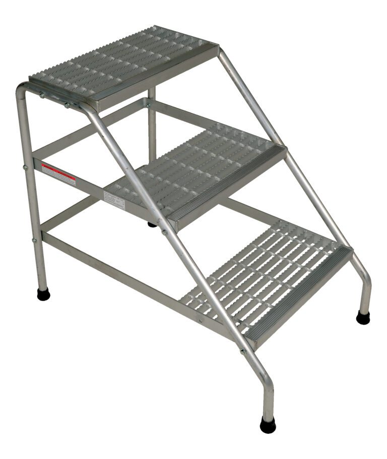 The Vestil Aluminum Step Stand Knock Down 3-Step includes a metal frame with three perforated steps and rubberized feet, offering stability. Its lightweight yet durable and versatile for indoor or outdoor use.