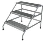 The Vestil Aluminum Step Stand - 3 Step Wide Welded offers wide, welded steps with textured, non-slip surfaces and sturdy angled legs for enhanced stability. Ideal for high shelves or workshops, its simple design meets versatile needs.