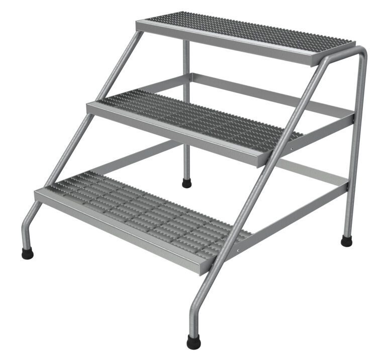 The Vestil Aluminum Step Stand - 3 Step Wide Welded offers wide, welded steps with textured, non-slip surfaces and sturdy angled legs for enhanced stability. Ideal for high shelves or workshops, its simple design meets versatile needs.