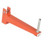The Vestil Standard Cant Racking Straight Arm 18 In features an orange wall mount bracket with an 18-inch metal extension. It includes a hook and pin for secure attachment, clearly displaying a 600 lb weight label near the extension.