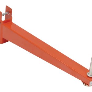 A red metal bracket resembling the Vestil Standard Cant Racking Straight Arm 24 In, featuring a long horizontal support arm and vertical post. Its designed for attachment, possibly to support equipment or fixtures, with a capacity of 400 lbs and bolt holes in the mounting section.
