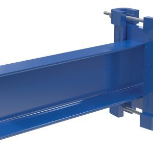 Image of a blue 12-inch beam with clamps resembling the secure design of the Vestil Cantilever Straight Arm No Lip system, firmly fastened with bolts.