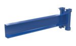 The Vestil Cantilever Straight Arm No Lip 24 In features a rectangular design with two clamps and bolt fixtures. This blue steel arm extends horizontally from vertical clamps, boasting a smooth metallic finish.
